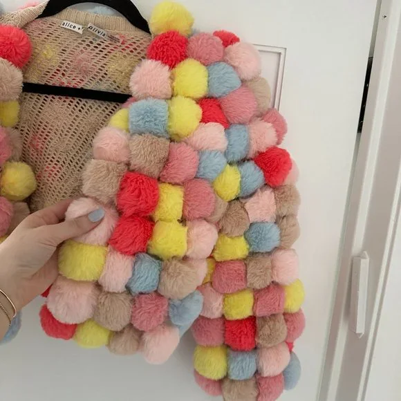 ❌SOLD❌Alice + Olivia Fawn Pompom Cropped Jacket XS/S Multicolor Cardigan Ribbed - Picture 6 of 15